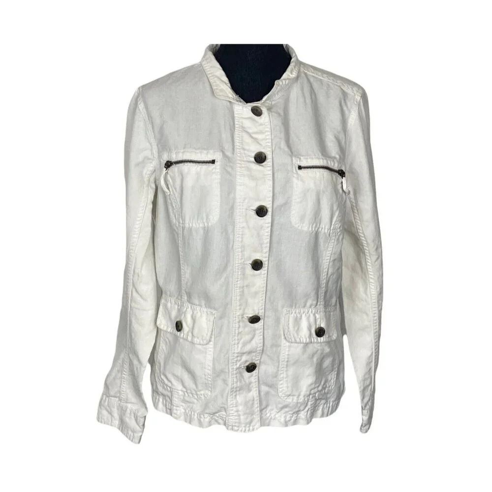 EDDIE BAUER Women Linen Blend Button Front Collared Jacket Sz L‎ White Classic